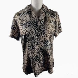 Notations Patchwork Animal Print Shirt Medium Brown/Black Short Sleeve Button Up